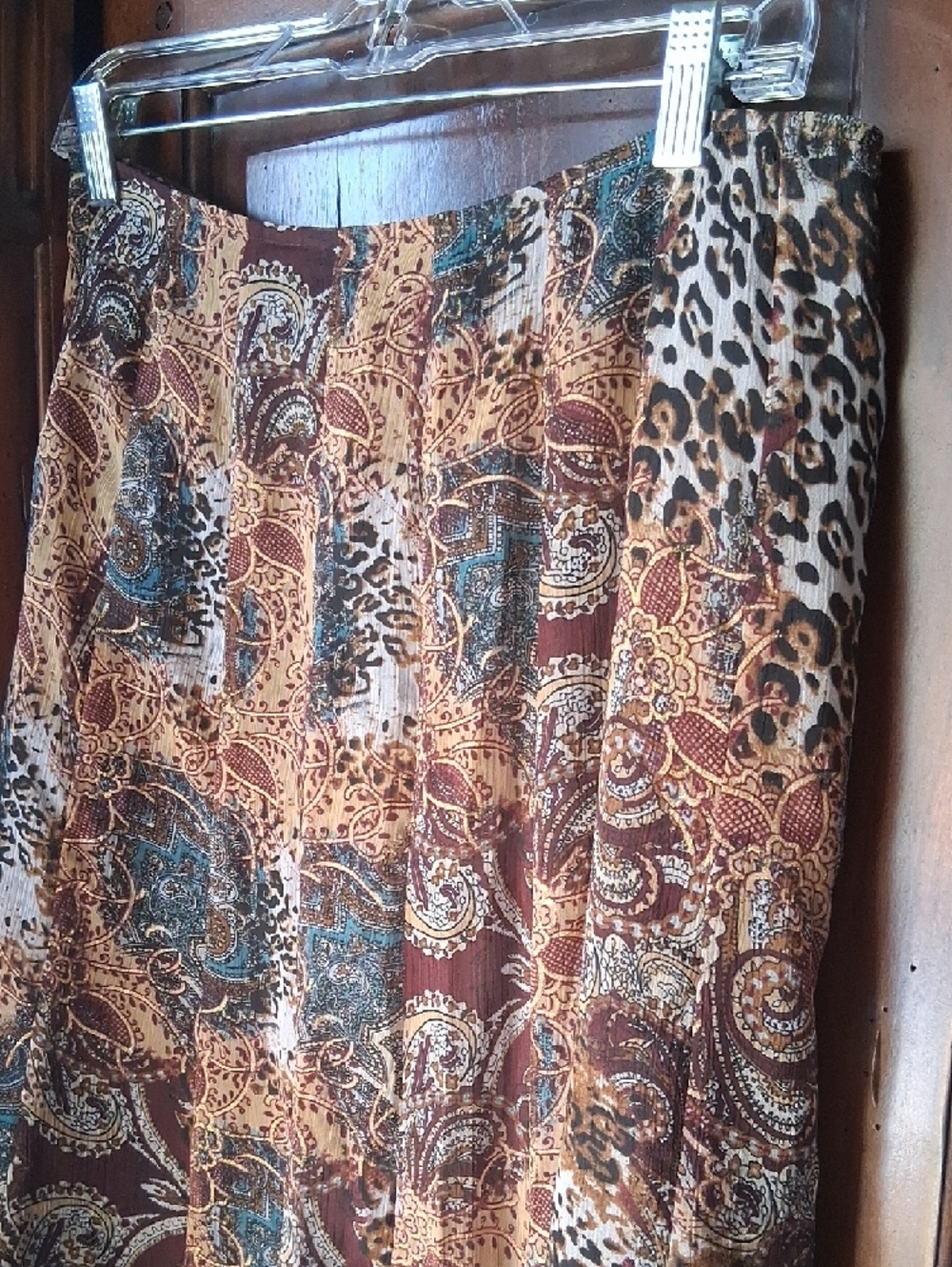 New! Andre Oliver Paisley and Leopard Print Midi Skirt in Brown and Gold Sz 8 - Picture 4 of 11